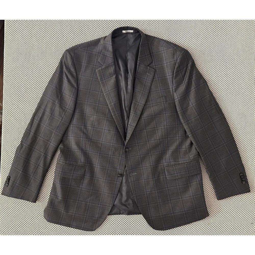 Peter Millar Sport Coat Blazer 48R 2 Button Double Vented Grey Blue Tartan Plaid